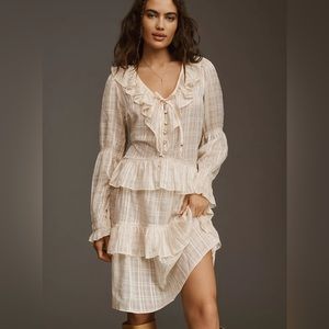By Anthropologie Long-Sleeve Sheer Ruffled Tunic Dress